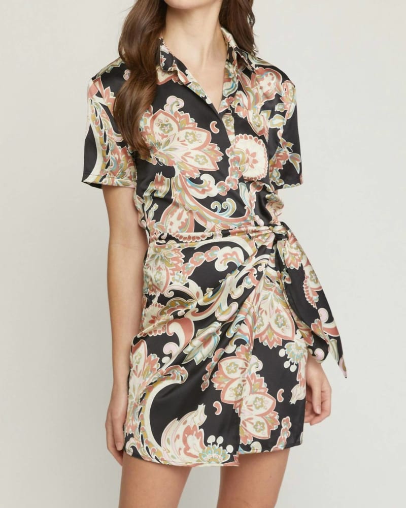 Front of a model wearing a size Large Satin Paisley Short Faux Wrap Dress In Black in Black by entro. | dia_product_style_image_id:342316